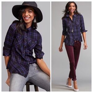 CAbi red blue plaid check button shirt ruffle hem L